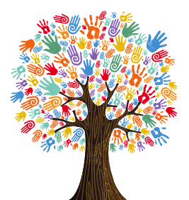 Drawing of a colorful tree with hands as leaves